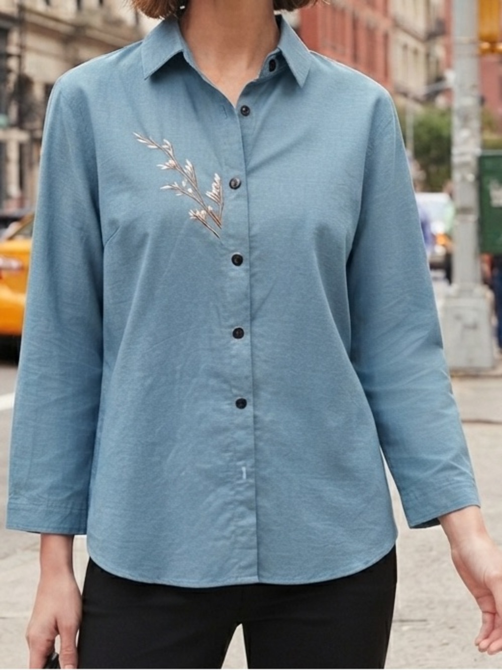 Blue Floral Embroidered Button Down Linen Blend M Cottagecore Minimalist Modest